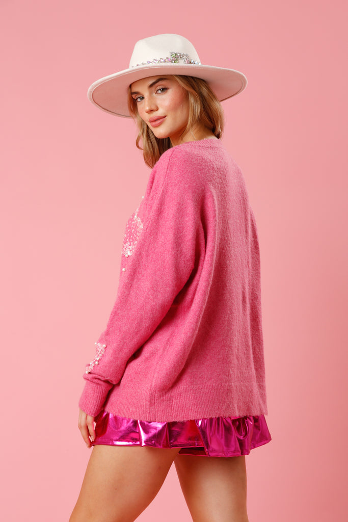 Fantastic Fawn Love Hearts Pink Sequin And Pearl Sweater-Graphic Sweaters-Fantastic Fawn-Deja Nu Boutique, Women's Fashion Boutique in Lampasas, Texas