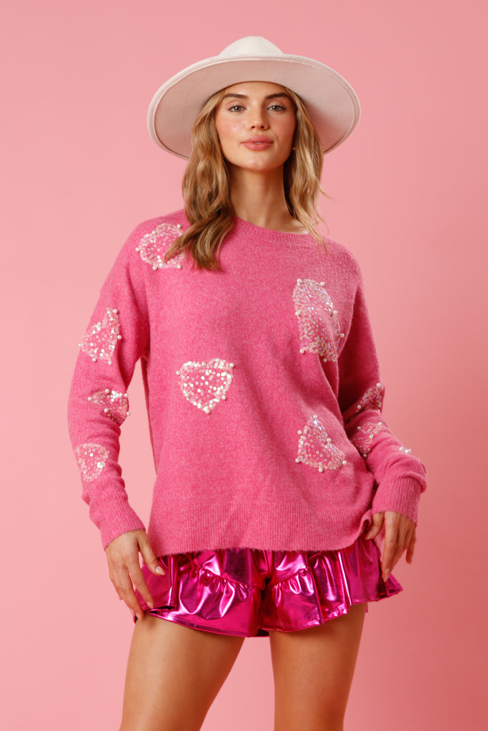 Fantastic Fawn Love Hearts Pink Sequin And Pearl Sweater-Graphic Sweaters-Fantastic Fawn-Deja Nu Boutique, Women's Fashion Boutique in Lampasas, Texas