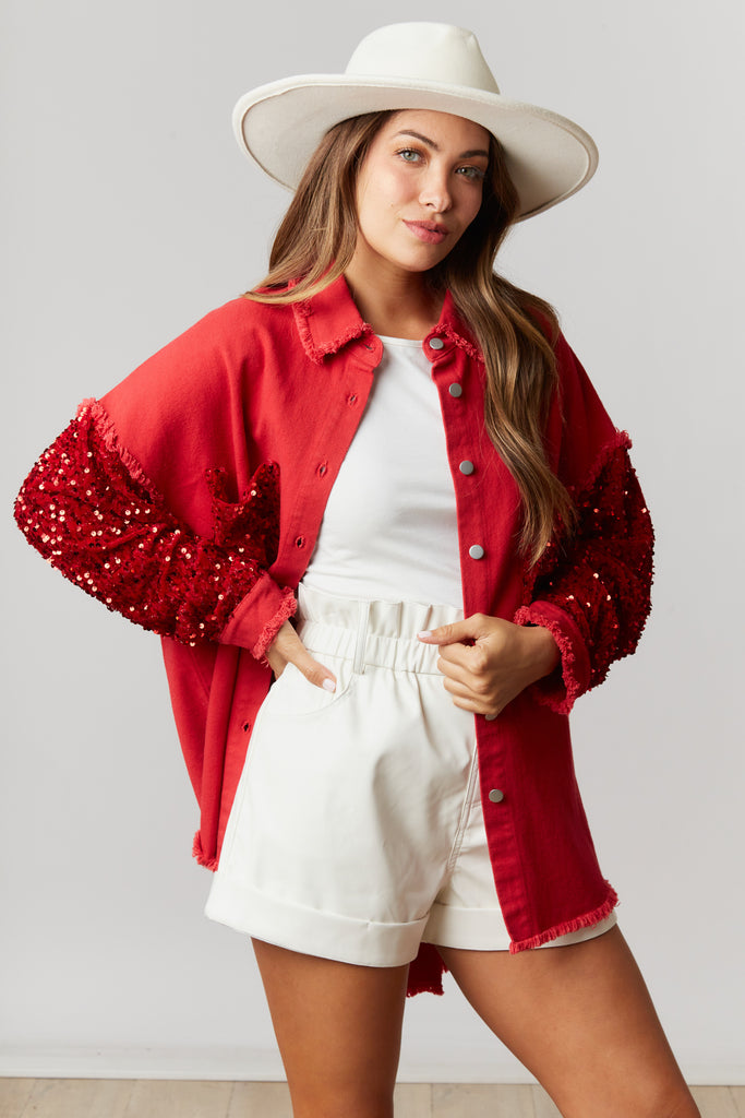 Fantastic Fawn Red Twill Oversized Shacket With Sequin Pocket And Sleeve-Shackets-Fantastic Fawn-Deja Nu Boutique, Women's Fashion Boutique in Lampasas, Texas