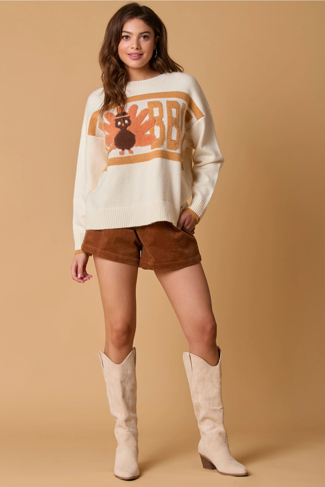 Fantastic Fawn Thanksgiving Gobble Sweater In Cream-Sweaters-Fantastic Fawn-Deja Nu Boutique, Women's Fashion Boutique in Lampasas, Texas