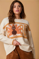 Fantastic Fawn Thanksgiving Gobble Sweater In Cream-Sweaters-Fantastic Fawn-Deja Nu Boutique, Women's Fashion Boutique in Lampasas, Texas