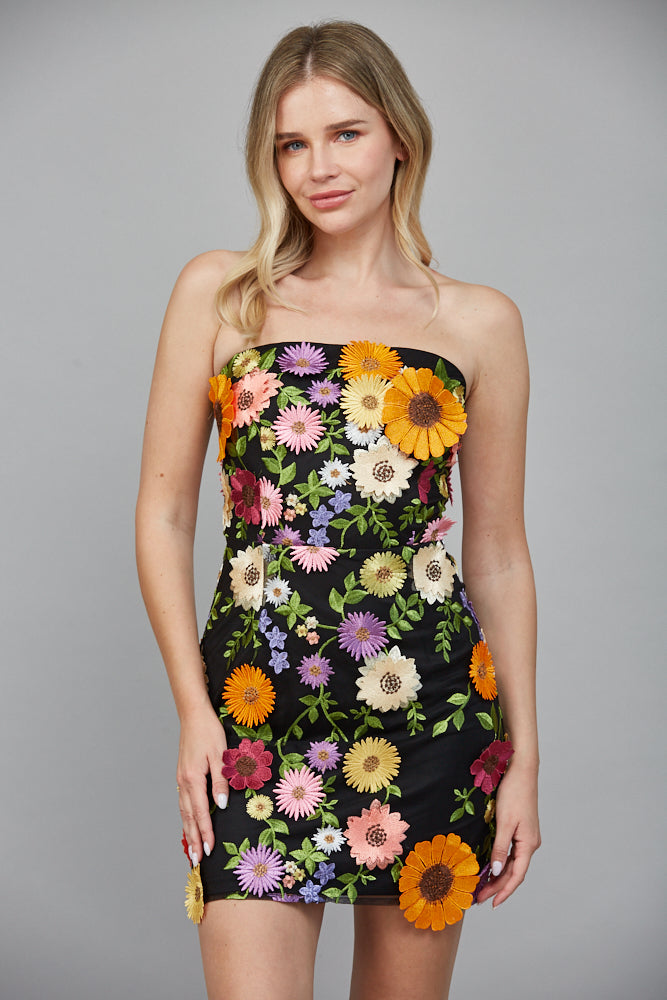 Fate All Over 3D Flower Appliqué Strapless Dress in Black Multi-Dresses-Fate-Deja Nu Boutique, Women's Fashion Boutique in Lampasas, Texas