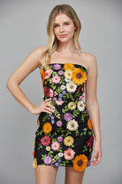 Fate All Over 3D Flower Appliqué Strapless Dress in Black Multi-Dresses-Fate-Deja Nu Boutique, Women's Fashion Boutique in Lampasas, Texas