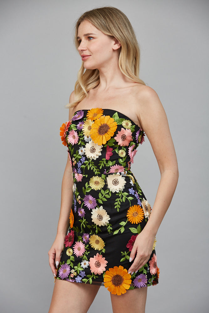 Fate All Over 3D Flower Appliqué Strapless Dress in Black Multi-Dresses-Fate-Deja Nu Boutique, Women's Fashion Boutique in Lampasas, Texas