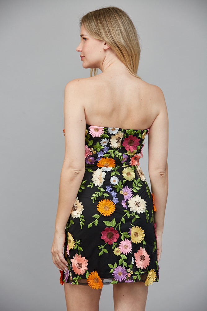 Fate All Over 3D Flower Appliqué Strapless Dress in Black Multi-Dresses-Fate-Deja Nu Boutique, Women's Fashion Boutique in Lampasas, Texas