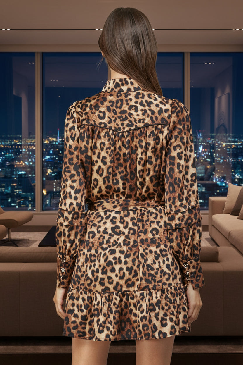 Fate Animal Print Satin Tie Waist Shirt Dress-Dresses-Fate-Deja Nu Boutique, Women's Fashion Boutique in Lampasas, Texas