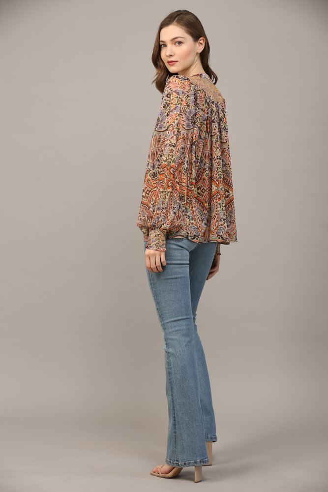 Fate Bohemian Paisley Print Lurex Chiffon Smocked Yoke Blouse In Taupe-Tops-Fate-Deja Nu Boutique, Women's Fashion Boutique in Lampasas, Texas