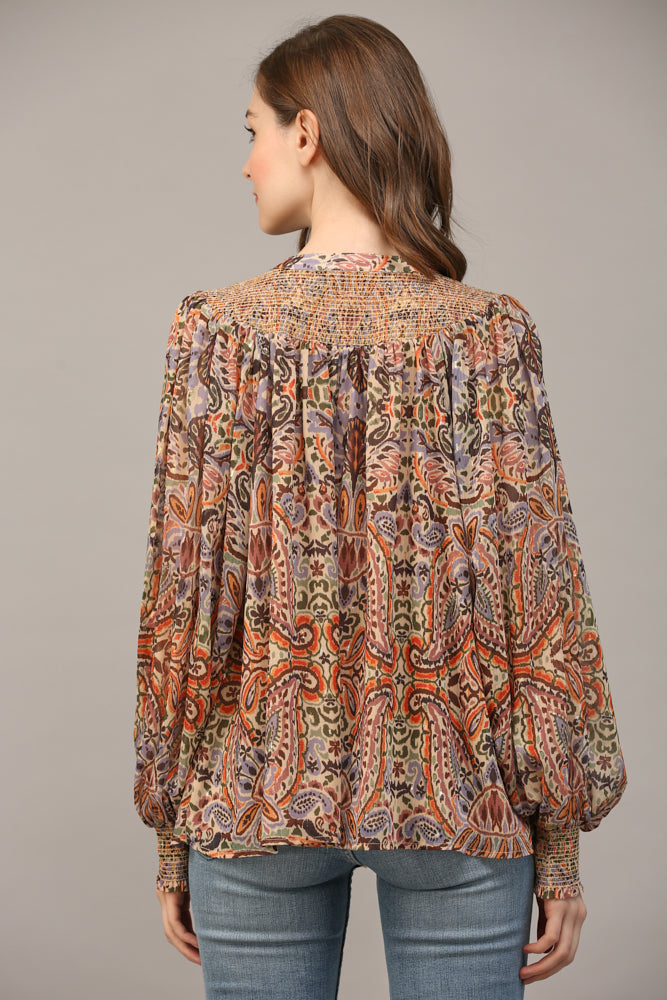 Fate Bohemian Paisley Print Lurex Chiffon Smocked Yoke Blouse In Taupe-Tops-Fate-Deja Nu Boutique, Women's Fashion Boutique in Lampasas, Texas