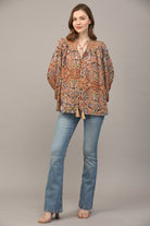 Fate Bohemian Paisley Print Lurex Chiffon Smocked Yoke Blouse In Taupe-Tops-Fate-Deja Nu Boutique, Women's Fashion Boutique in Lampasas, Texas