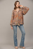 Fate Bohemian Paisley Print Lurex Chiffon Smocked Yoke Blouse In Taupe-Tops-Fate-Deja Nu Boutique, Women's Fashion Boutique in Lampasas, Texas