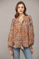 Fate Bohemian Paisley Print Lurex Chiffon Smocked Yoke Blouse In Taupe-Tops-Fate-Deja Nu Boutique, Women's Fashion Boutique in Lampasas, Texas