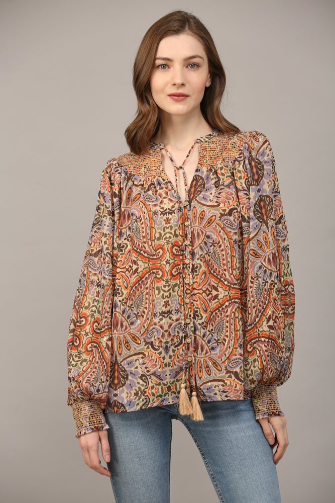 Fate Bohemian Paisley Print Lurex Chiffon Smocked Yoke Blouse In Taupe-Tops-Fate-Deja Nu Boutique, Women's Fashion Boutique in Lampasas, Texas