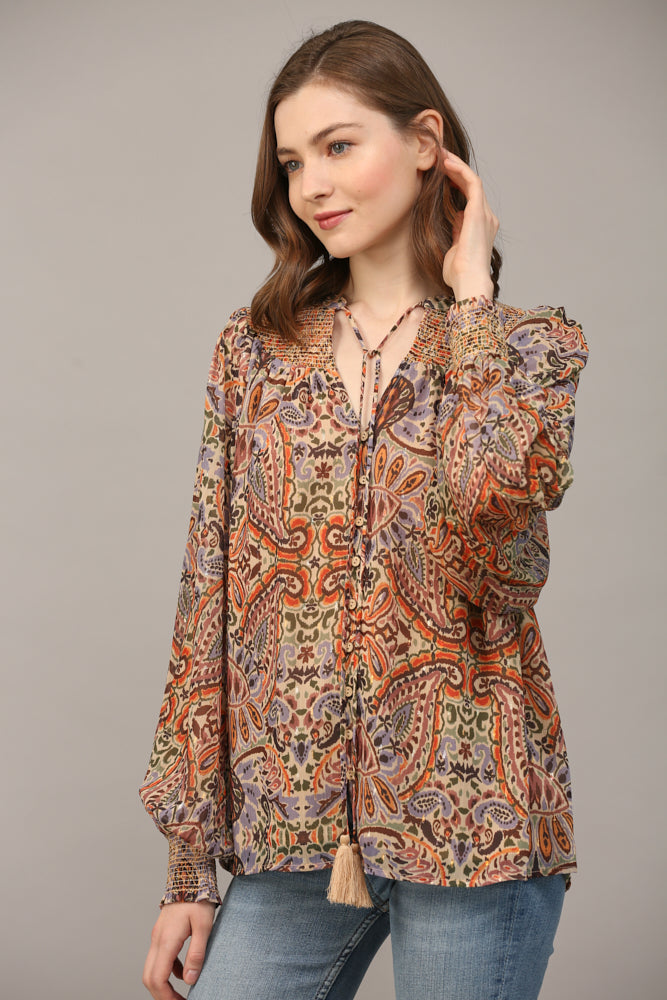 Fate Bohemian Paisley Print Lurex Chiffon Smocked Yoke Blouse In Taupe-Tops-Fate-Deja Nu Boutique, Women's Fashion Boutique in Lampasas, Texas