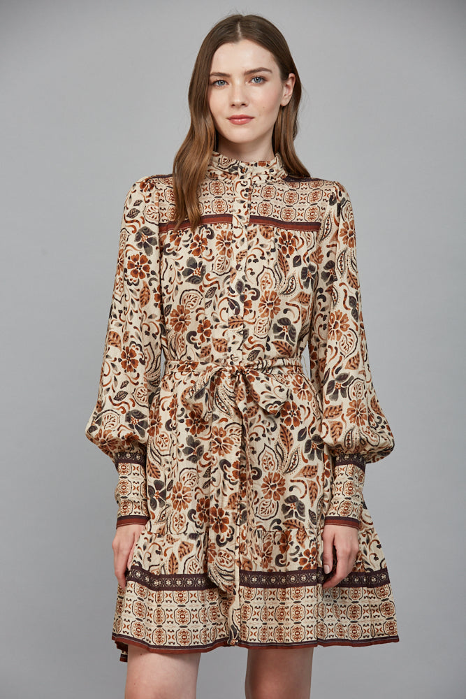 Fate Boho Cream & Brown Tiered Long Sleeve Mini Dress-mini dress-Fate-Deja Nu Boutique, Women's Fashion Boutique in Lampasas, Texas