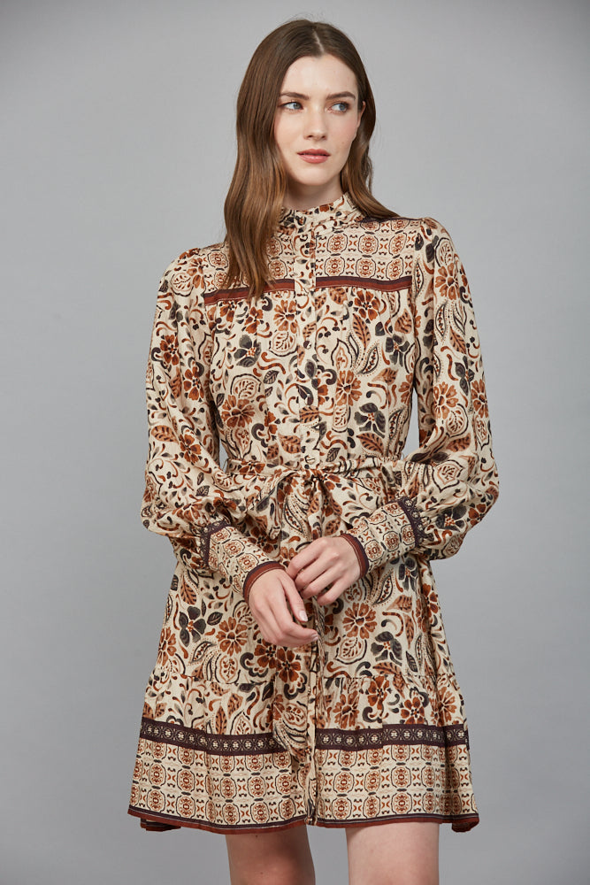 Fate Boho Cream & Brown Tiered Long Sleeve Mini Dress-mini dress-Fate-Deja Nu Boutique, Women's Fashion Boutique in Lampasas, Texas