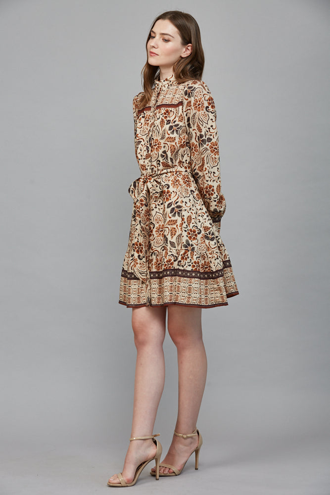 Fate Boho Cream & Brown Tiered Long Sleeve Mini Dress-mini dress-Fate-Deja Nu Boutique, Women's Fashion Boutique in Lampasas, Texas