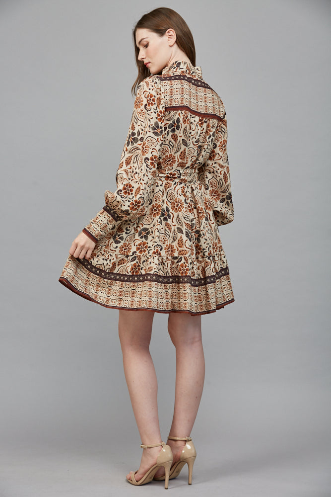 Fate Boho Cream & Brown Tiered Long Sleeve Mini Dress-mini dress-Fate-Deja Nu Boutique, Women's Fashion Boutique in Lampasas, Texas