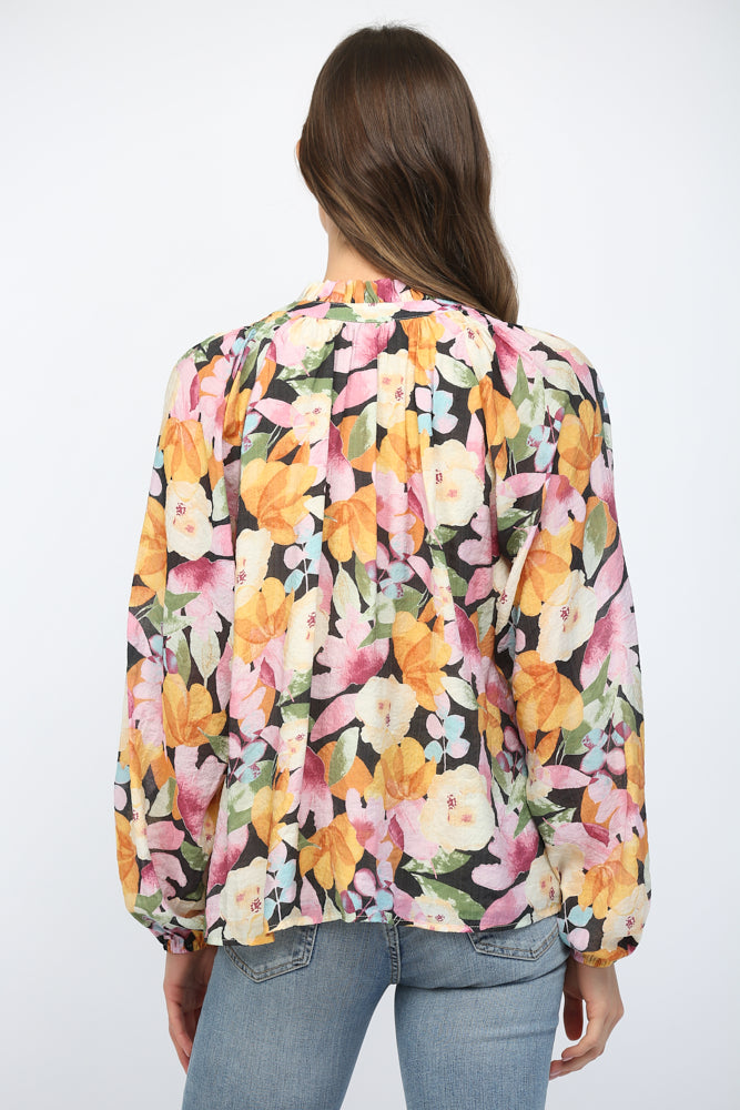 Fate Bold Floral Ruffled High Neck Blouse In Black Multi-Tops-Fate-Deja Nu Boutique, Women's Fashion Boutique in Lampasas, Texas