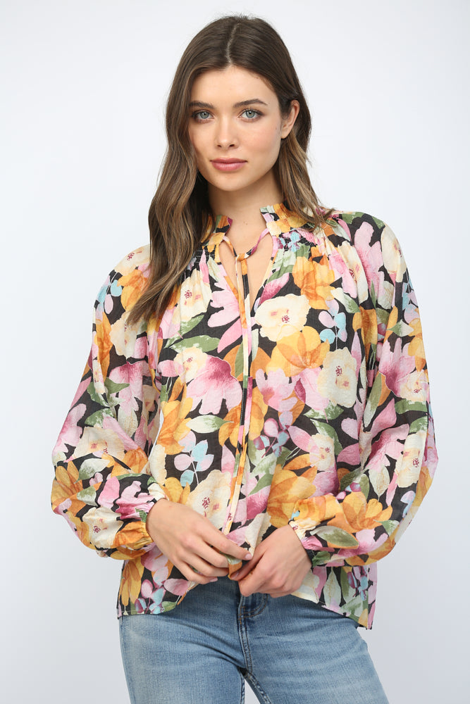 Fate Bold Floral Ruffled High Neck Blouse In Black Multi-Tops-Fate-Deja Nu Boutique, Women's Fashion Boutique in Lampasas, Texas