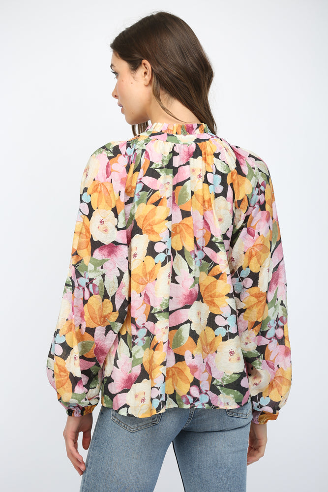 Fate Bold Floral Ruffled High Neck Blouse In Black Multi-Tops-Fate-Deja Nu Boutique, Women's Fashion Boutique in Lampasas, Texas