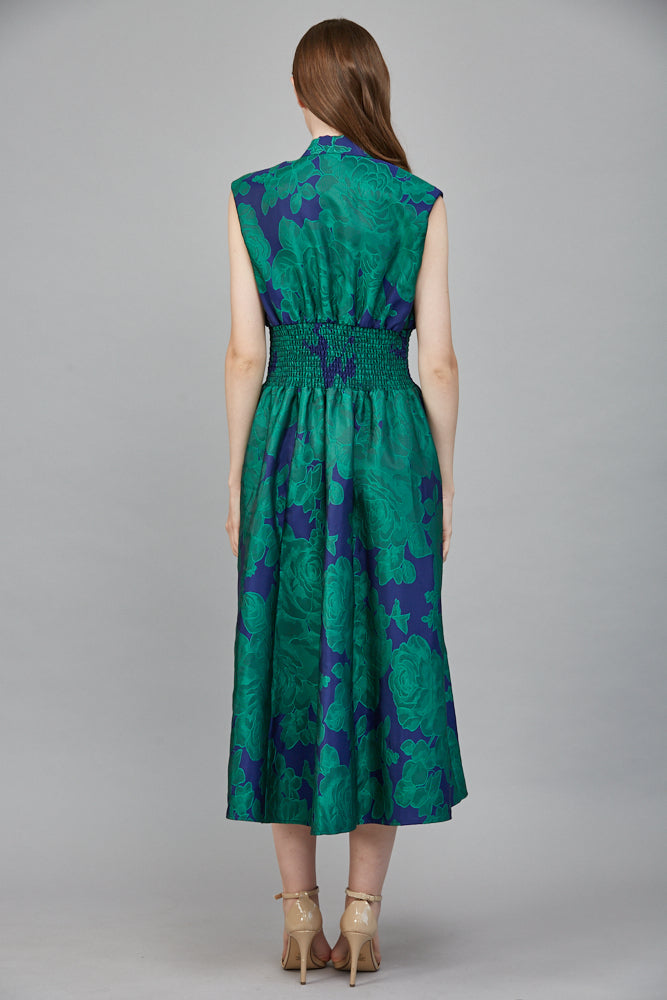 Fate Bold Green & Blue Floral Jacquard Midi Dress with Zip Front-Midi Dresses-Fate-Deja Nu Boutique, Women's Fashion Boutique in Lampasas, Texas