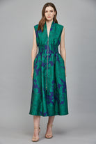 Fate Bold Green & Blue Floral Jacquard Midi Dress with Zip Front-Midi Dresses-Fate-Deja Nu Boutique, Women's Fashion Boutique in Lampasas, Texas