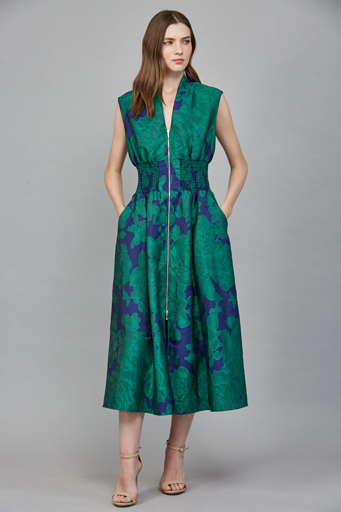 Fate Bold Green & Blue Floral Jacquard Midi Dress with Zip Front-Midi Dresses-Fate-Deja Nu Boutique, Women's Fashion Boutique in Lampasas, Texas