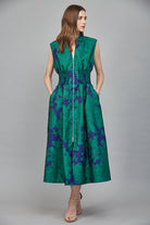 Fate Bold Green & Blue Floral Jacquard Midi Dress with Zip Front-Midi Dresses-Fate-Deja Nu Boutique, Women's Fashion Boutique in Lampasas, Texas