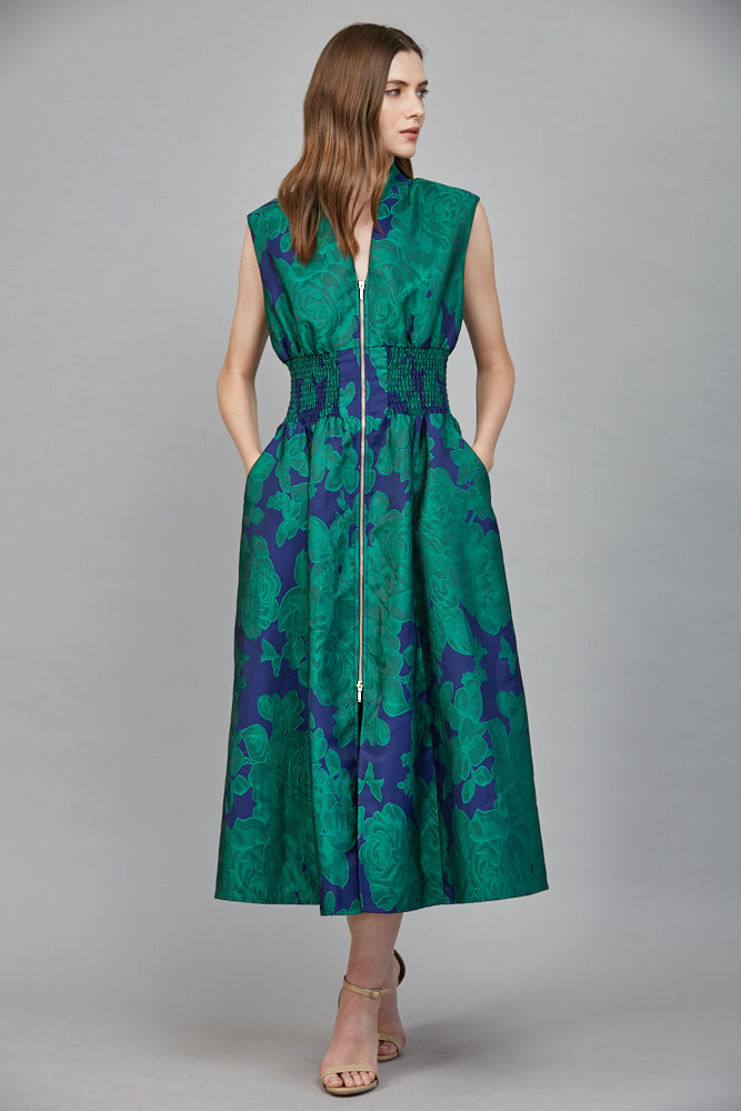 Fate Bold Green & Blue Floral Jacquard Midi Dress with Zip Front-Midi Dresses-Fate-Deja Nu Boutique, Women's Fashion Boutique in Lampasas, Texas
