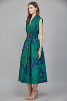 Fate Bold Green & Blue Floral Jacquard Midi Dress with Zip Front-Midi Dresses-Fate-Deja Nu Boutique, Women's Fashion Boutique in Lampasas, Texas