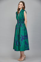 Fate Bold Green & Blue Floral Jacquard Midi Dress with Zip Front-Midi Dresses-Fate-Deja Nu Boutique, Women's Fashion Boutique in Lampasas, Texas