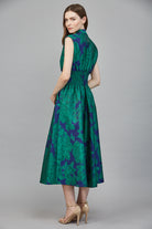 Fate Bold Green & Blue Floral Jacquard Midi Dress with Zip Front-Midi Dresses-Fate-Deja Nu Boutique, Women's Fashion Boutique in Lampasas, Texas