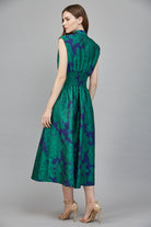 Fate Bold Green & Blue Floral Jacquard Midi Dress with Zip Front-Midi Dresses-Fate-Deja Nu Boutique, Women's Fashion Boutique in Lampasas, Texas
