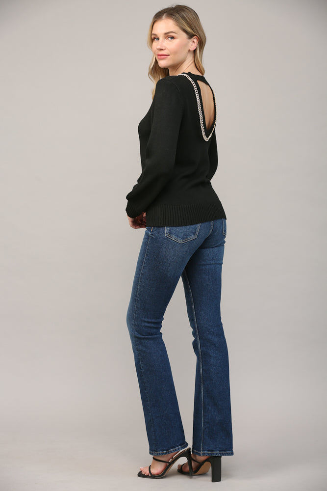 Fate Chain Trimmed Open Back Sweater In Black-Sweaters-Fate-Deja Nu Boutique, Women's Fashion Boutique in Lampasas, Texas