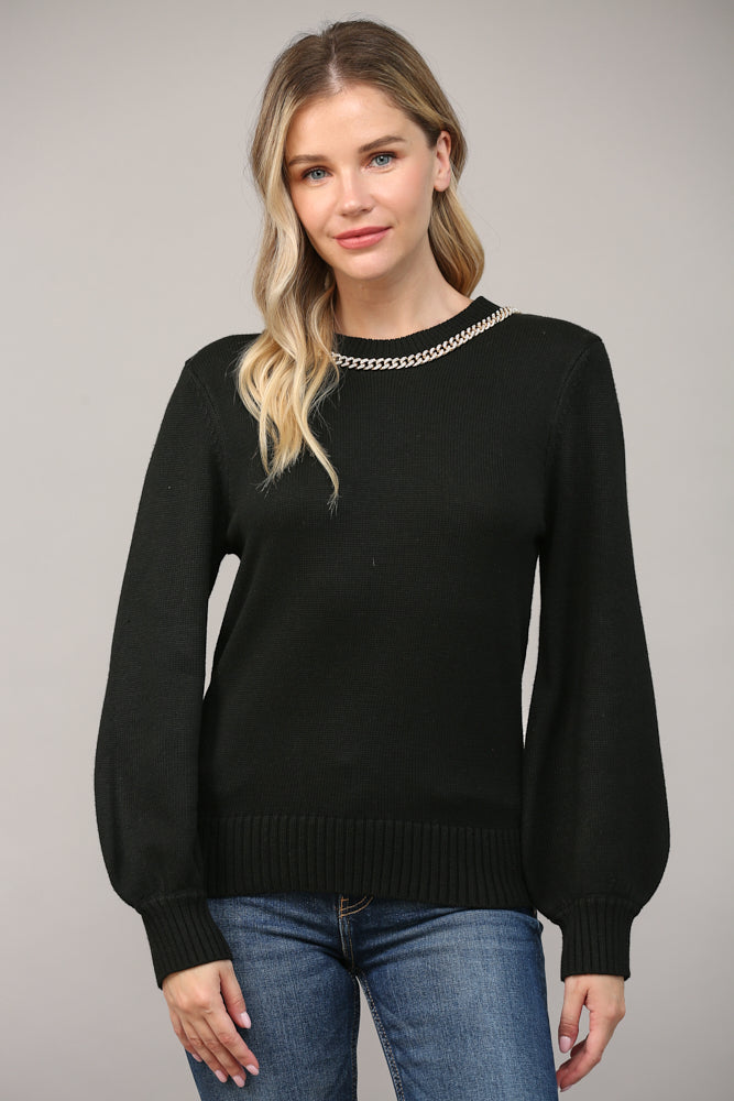 Fate Chain Trimmed Open Back Sweater In Black-Sweaters-Fate-Deja Nu Boutique, Women's Fashion Boutique in Lampasas, Texas