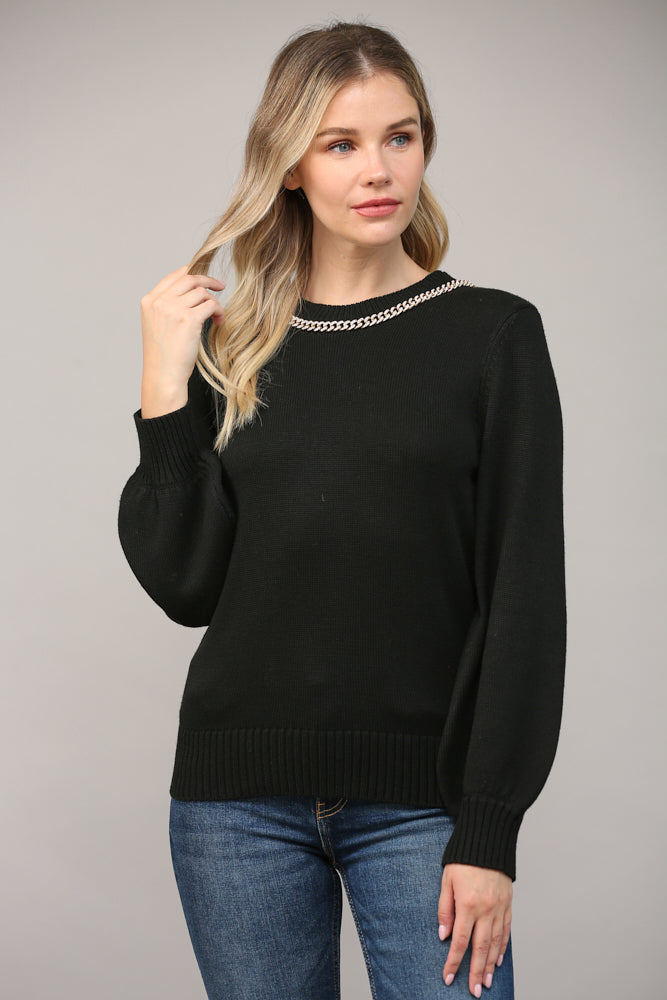 Fate Chain Trimmed Open Back Sweater In Black-Sweaters-Fate-Deja Nu Boutique, Women's Fashion Boutique in Lampasas, Texas