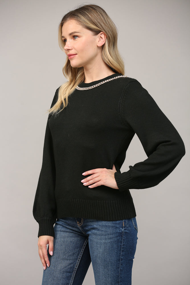 Fate Chain Trimmed Open Back Sweater In Black-Sweaters-Fate-Deja Nu Boutique, Women's Fashion Boutique in Lampasas, Texas