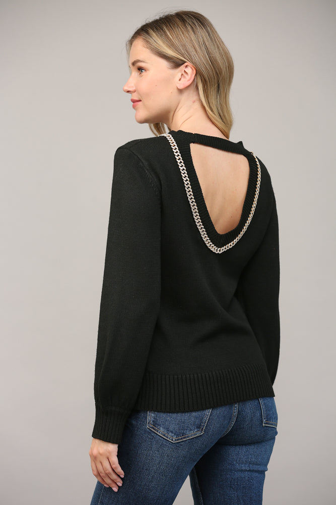 Fate Chain Trimmed Open Back Sweater In Black-Sweaters-Fate-Deja Nu Boutique, Women's Fashion Boutique in Lampasas, Texas