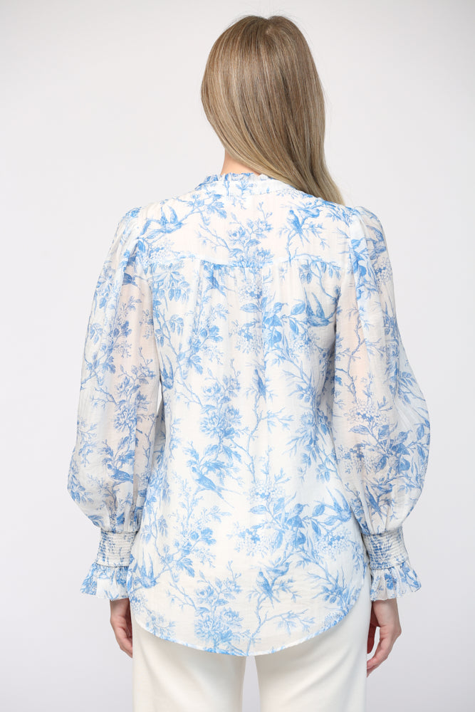 Fate Elegance In Bloom Blue Floral Ruffle Neck Blouse-Tops-Fate-Deja Nu Boutique, Women's Fashion Boutique in Lampasas, Texas
