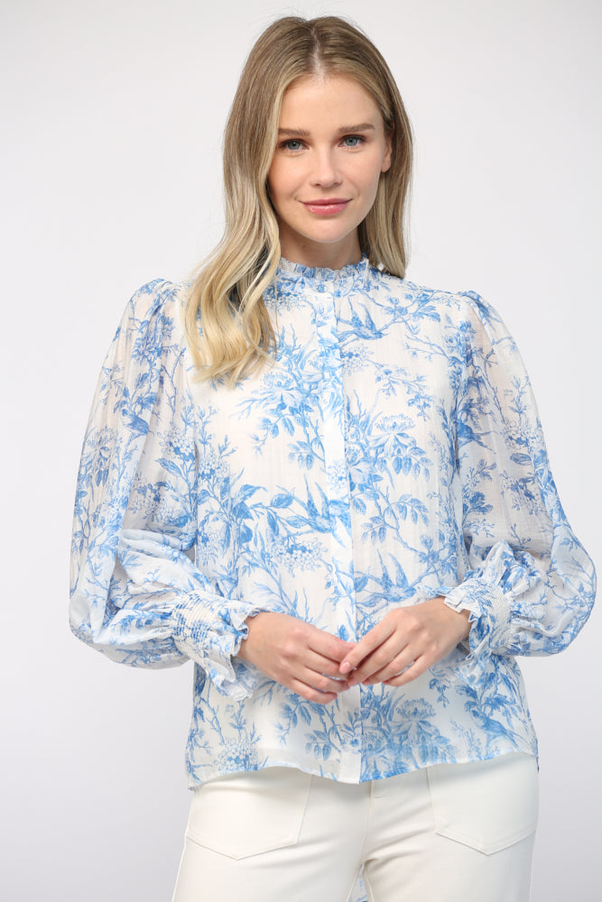 Fate Elegance In Bloom Blue Floral Ruffle Neck Blouse-Tops-Fate-Deja Nu Boutique, Women's Fashion Boutique in Lampasas, Texas
