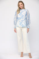 Fate Elegance In Bloom Blue Floral Ruffle Neck Blouse-Tops-Fate-Deja Nu Boutique, Women's Fashion Boutique in Lampasas, Texas