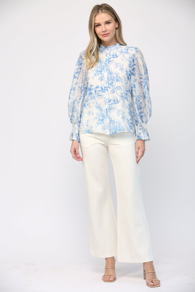 Fate Elegance In Bloom Blue Floral Ruffle Neck Blouse-Tops-Fate-Deja Nu Boutique, Women's Fashion Boutique in Lampasas, Texas