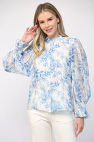 Fate Elegance In Bloom Blue Floral Ruffle Neck Blouse-Tops-Fate-Deja Nu Boutique, Women's Fashion Boutique in Lampasas, Texas