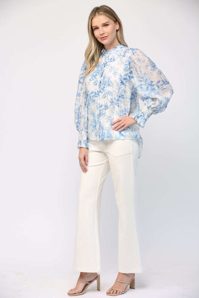 Fate Elegance In Bloom Blue Floral Ruffle Neck Blouse-Tops-Fate-Deja Nu Boutique, Women's Fashion Boutique in Lampasas, Texas