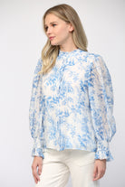 Fate Elegance In Bloom Blue Floral Ruffle Neck Blouse-Tops-Fate-Deja Nu Boutique, Women's Fashion Boutique in Lampasas, Texas