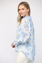 Fate Elegance In Bloom Blue Floral Ruffle Neck Blouse-Tops-Fate-Deja Nu Boutique, Women's Fashion Boutique in Lampasas, Texas