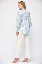 Fate Elegance In Bloom Blue Floral Ruffle Neck Blouse-Tops-Fate-Deja Nu Boutique, Women's Fashion Boutique in Lampasas, Texas