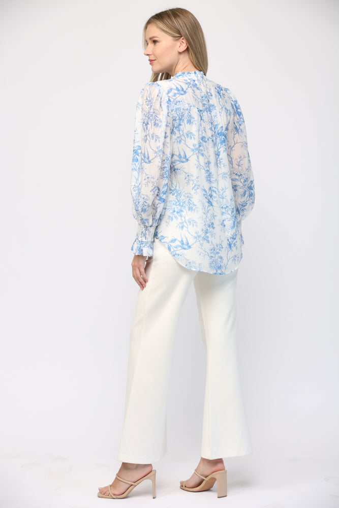 Fate Elegance In Bloom Blue Floral Ruffle Neck Blouse-Tops-Fate-Deja Nu Boutique, Women's Fashion Boutique in Lampasas, Texas