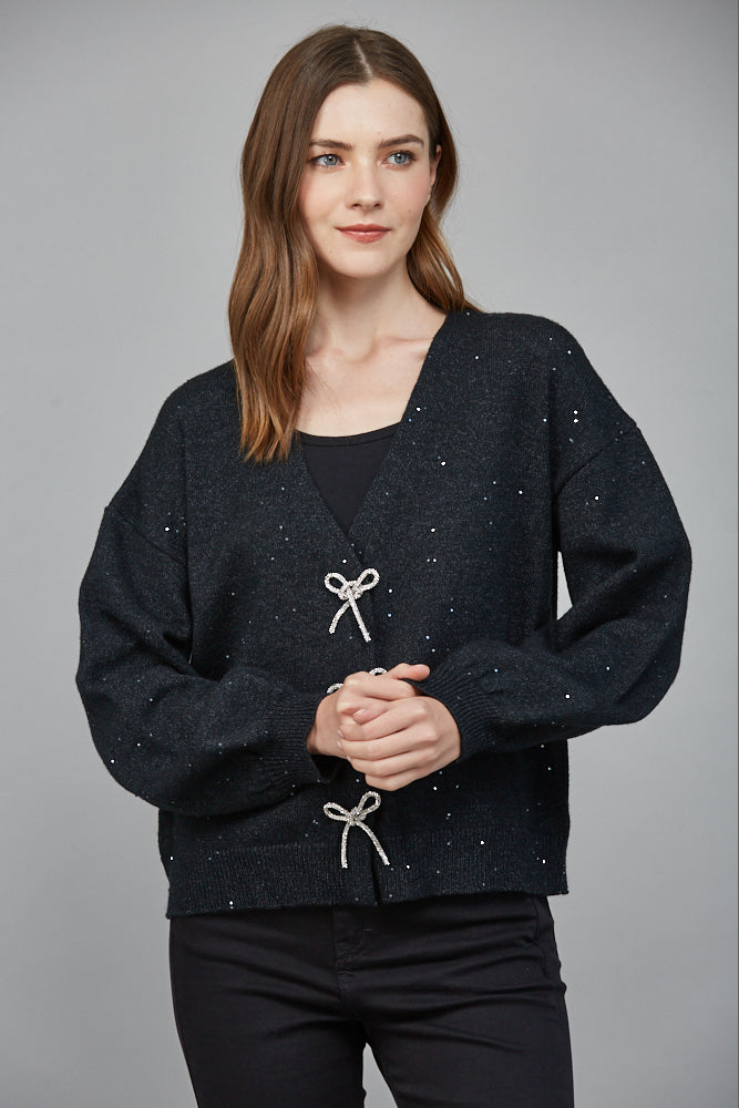 Fate Heather Black Rhinestone Bow Sequin Cardigan Sweater-Cardigans & Kimonos-Fate-Deja Nu Boutique, Women's Fashion Boutique in Lampasas, Texas