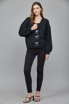 Fate Heather Black Rhinestone Bow Sequin Cardigan Sweater-Cardigans & Kimonos-Fate-Deja Nu Boutique, Women's Fashion Boutique in Lampasas, Texas